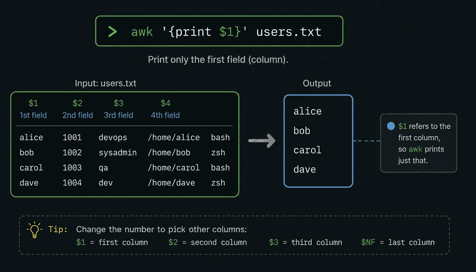 Two terminals: a file with several words per line goes in, and awk '{print $1}' returns only the first word of each line