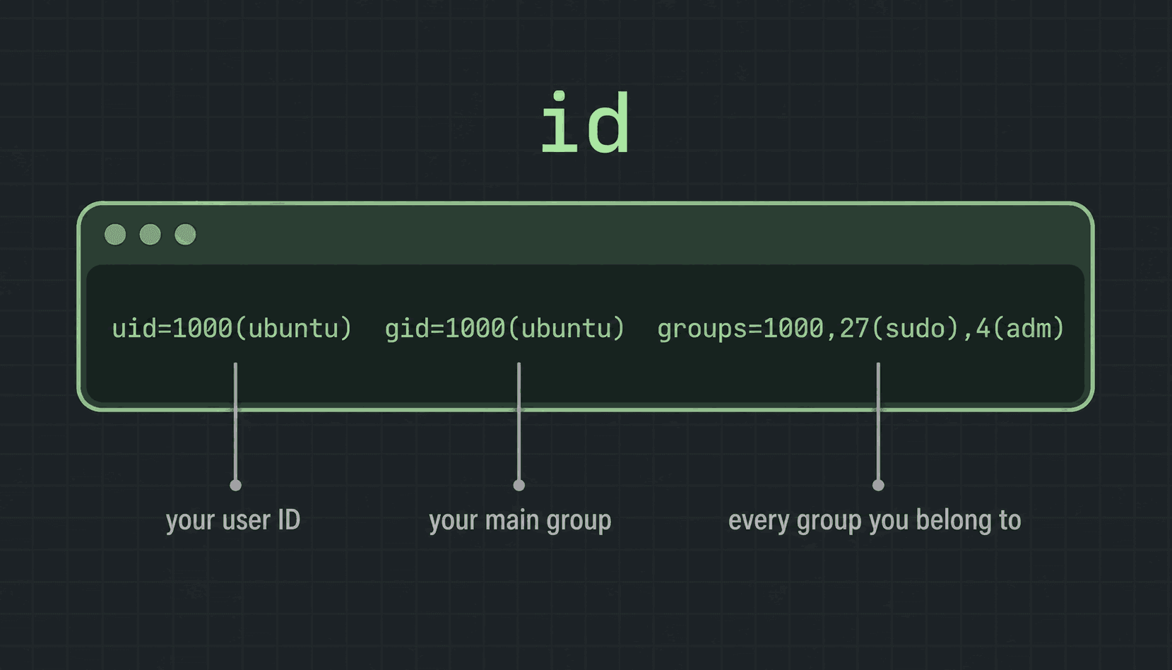 The output of id — uid=1000(ubuntu), gid=1000(ubuntu) and the groups list — labelled as your user ID, your main group, and every group you belong to