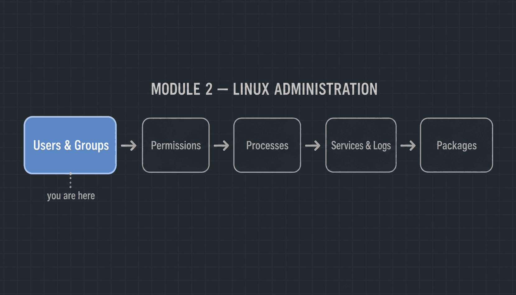 The Module 2 roadmap: Users & Groups highlighted first, then Permissions, Processes, Services & Logs, and Packages