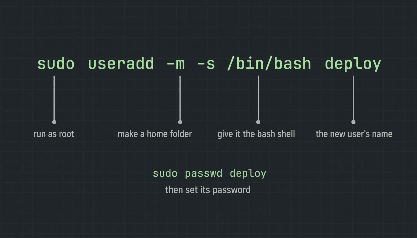 The command sudo useradd -m -s /bin/bash deploy split into labelled parts: run as root, make a home folder, give it the bash shell, the new user's name — then sudo passwd deploy to set its password
