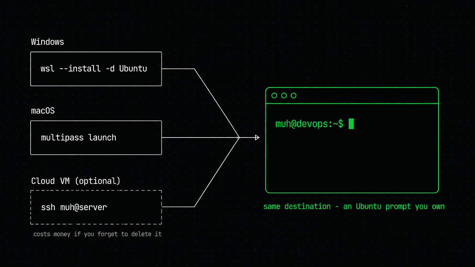 Three routes to Linux: Windows through WSL, macOS through Multipass, and an optional cloud VM, all arriving at the same Ubuntu terminal prompt