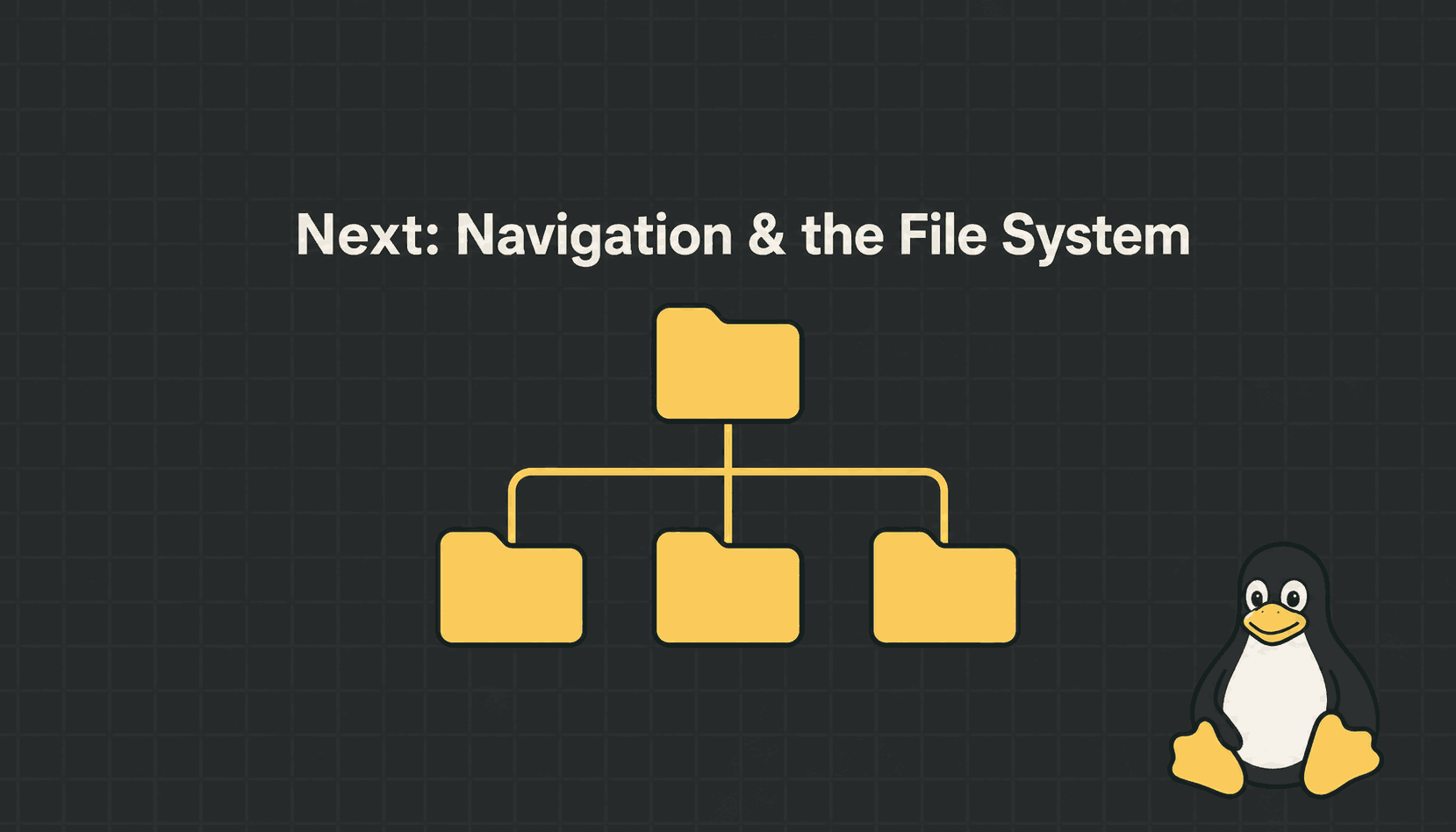 An outro card pointing to the next lesson on navigation and the file system, with a folder tree icon