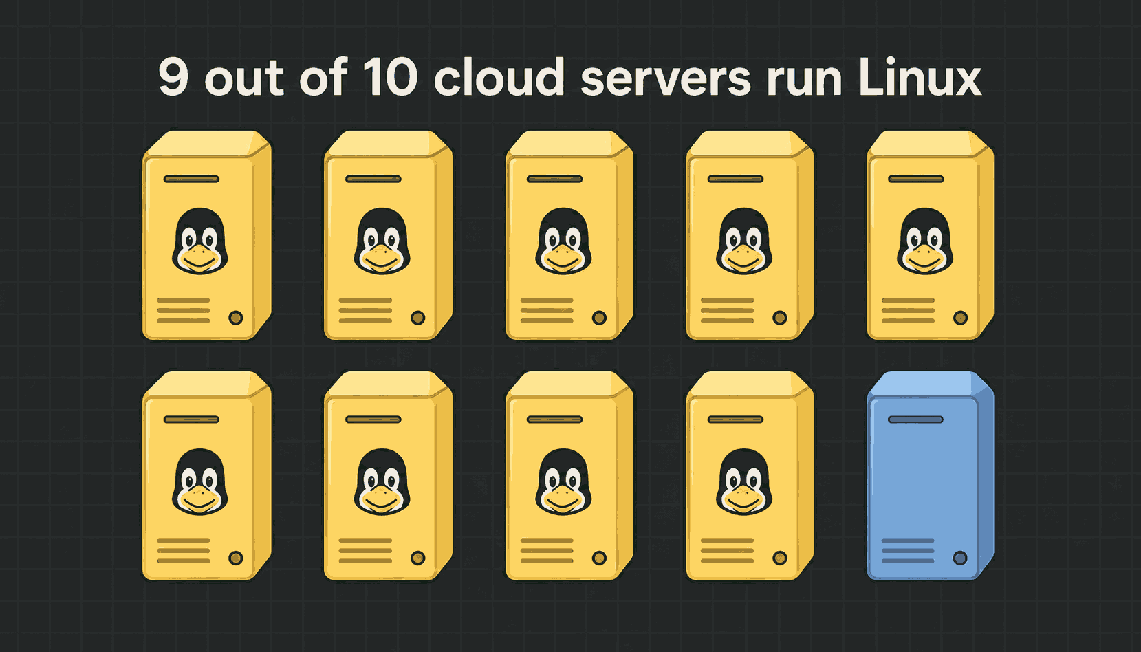 Ten server icons in two rows, nine of them marked as Linux and one standing apart
