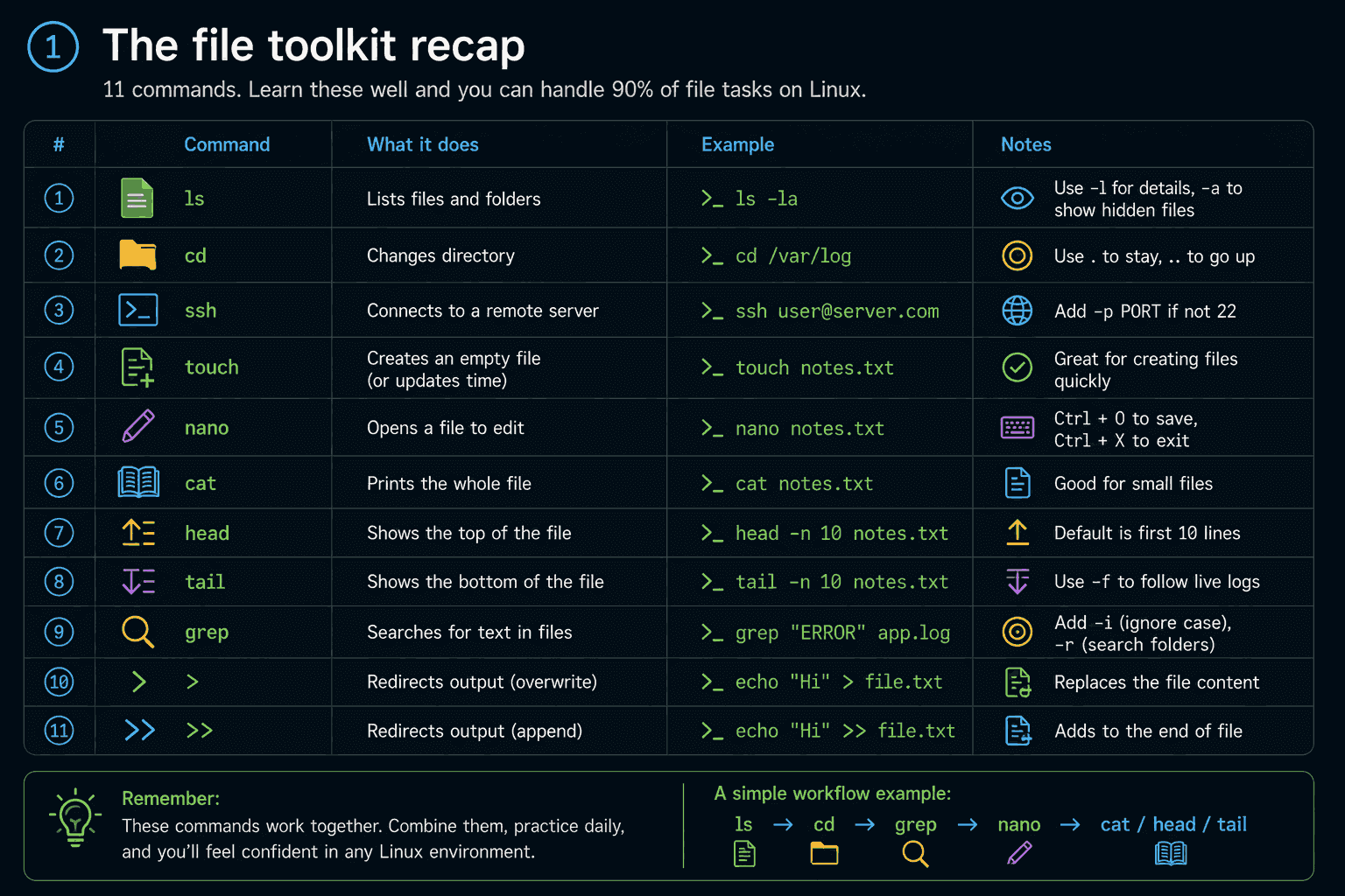 A table of eleven commands with an example for each: ls, cd, ssh, touch, nano, cat, head, tail, grep, and the two redirection arrows